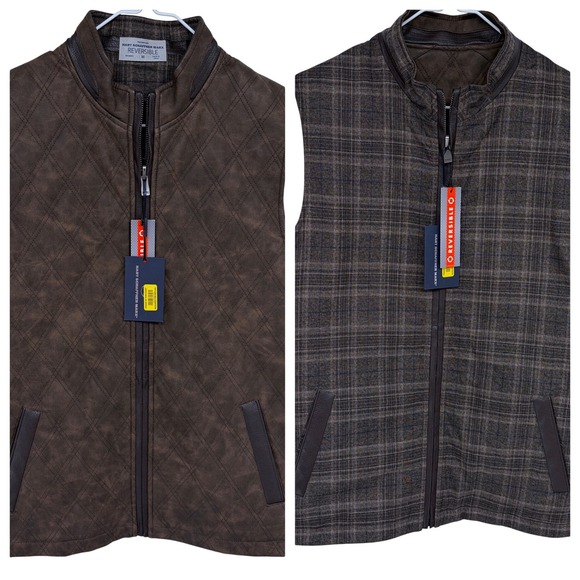 NEW Hart Schaffner Marx Plaid Reversible brown Leather Vest Medium MSRP‎ $195